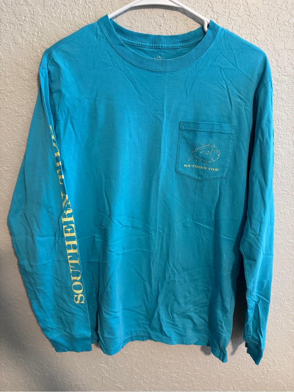 Southern Tide Men's Long Sleeve Pocket Tee — Bright Teal with Yellow Logo